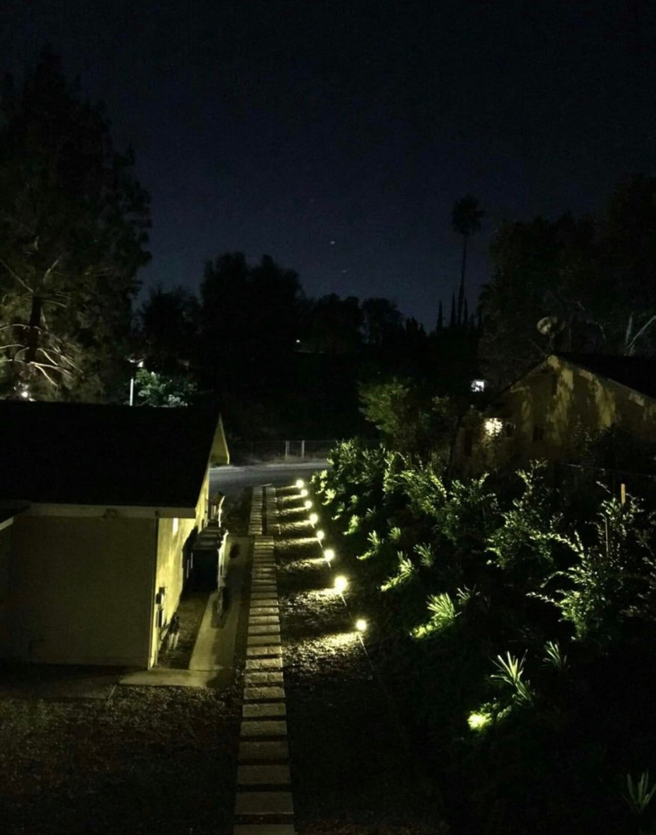 Low-voltage path lighting along a side yard at night