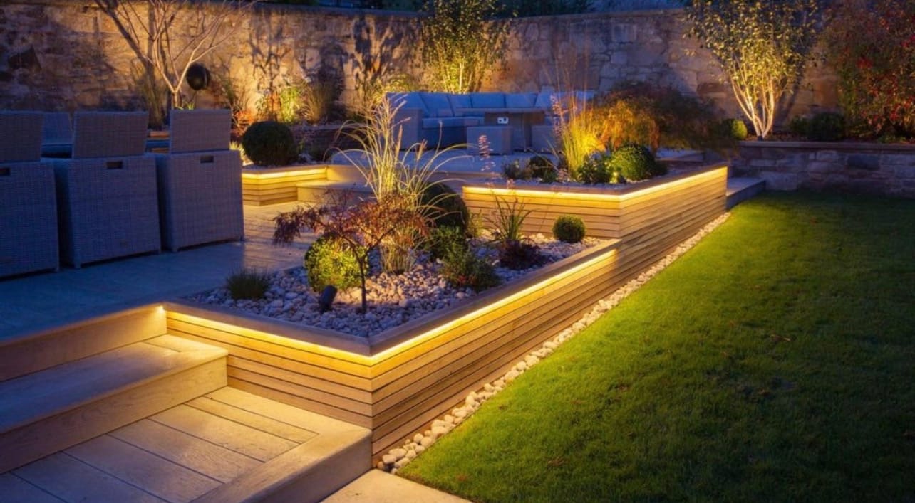 Deck and garden accent lighting at night
